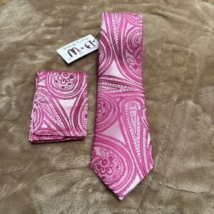 Barry Wang Paisley Woven Men’s Tie Pink Necktie Pocket Square Wedding Formal NWT